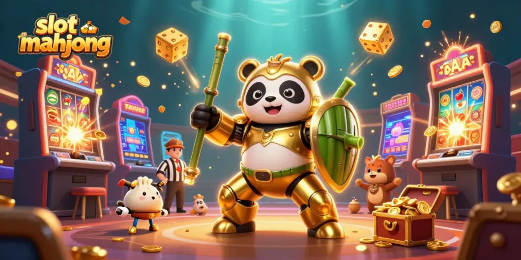 Slot Mahjong menghadirkan ilustrasi 3D menggemparkan dengan panda emas dan elemen jackpot.