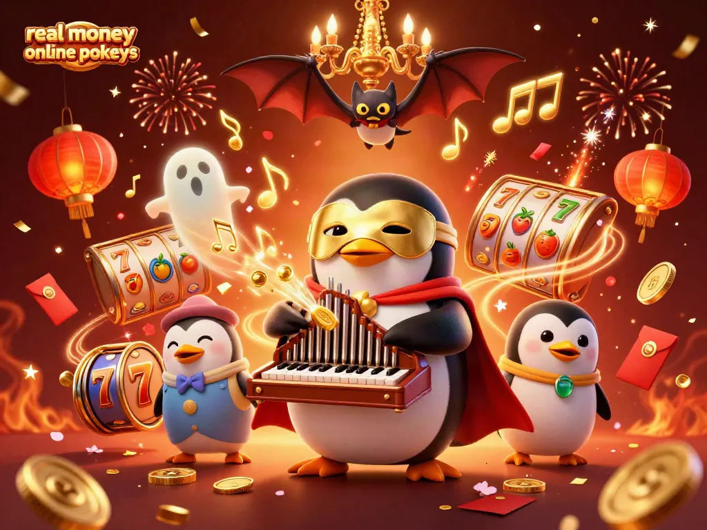 Experience thrilling real money online pokies with a whimsical penguin and bat acrobat in a casino-themed illustration.
