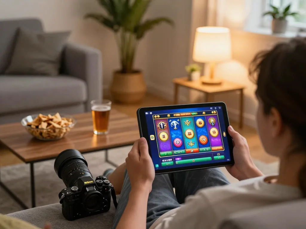 Berpartisipasi dalam permainan slot online di tablet dalam suasana ruang tamu yang nyaman, menunjukkan permainan yang strategis.