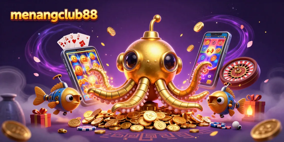 Play thrilling slot games at menangclub88, with a vibrant 3D scene featuring a kraken submarine and vibrant casino elements.