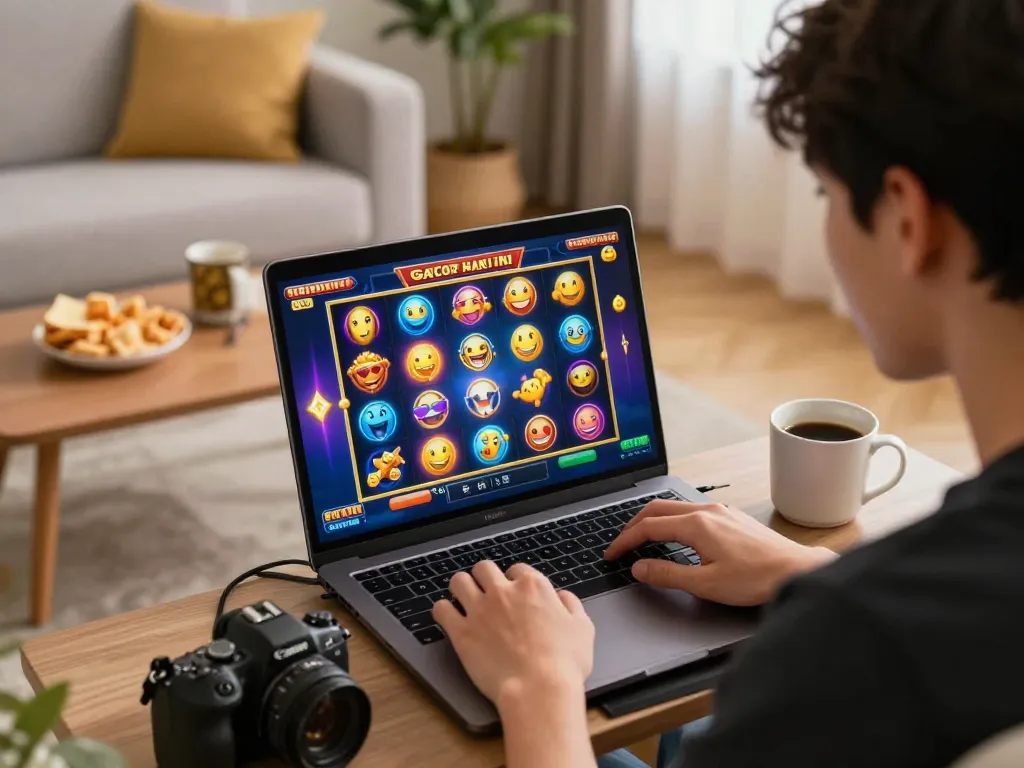Engaged player enjoying slot gacor hari ini on laptop in cozy home setting, showing excitement and focus.