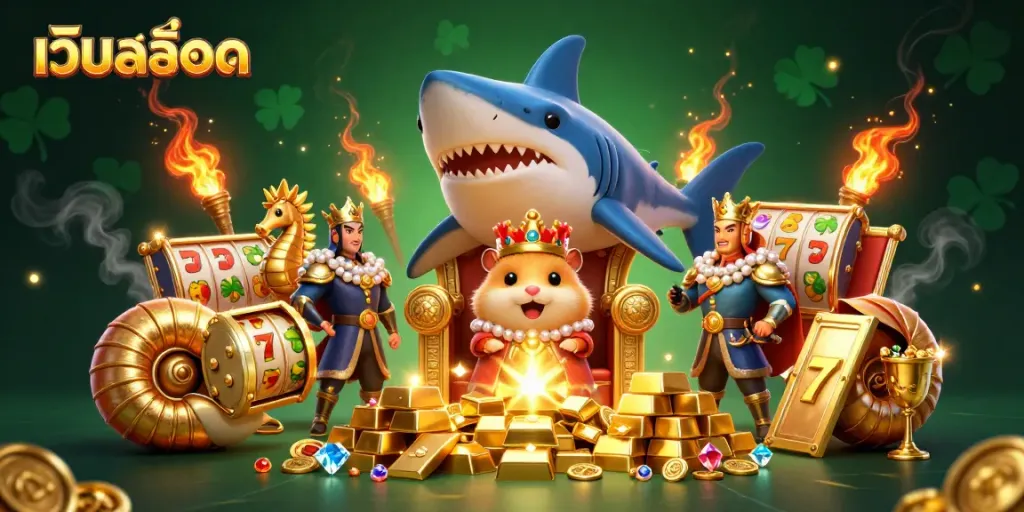 Experience เว็บสล็อต thrill with a cartoon hamster king ruling over slot games and treasures.