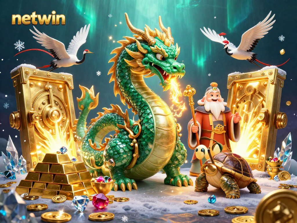 Experience the thrill of netwin with a majestic dragon amid treasures and fortune in this captivating illustration.