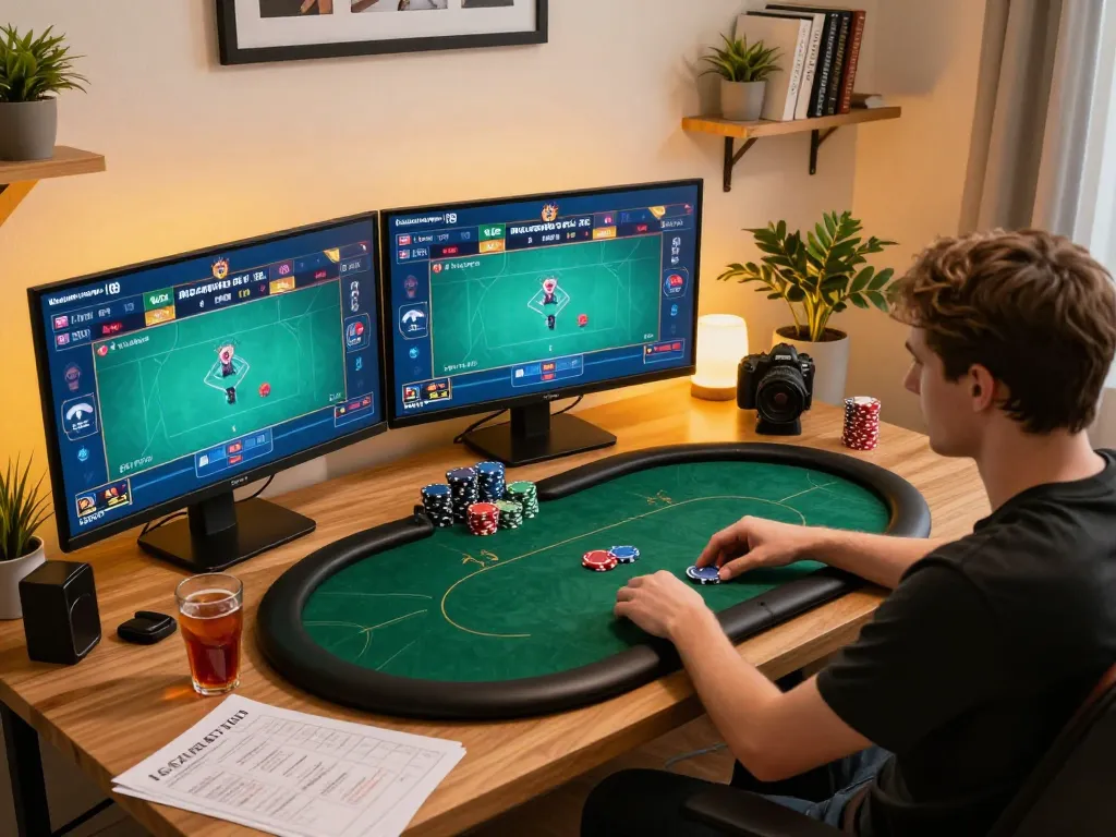 Engaged player strategizing during a live nagapoker session on multiple screens, showcasing a dynamic online gaming setup.