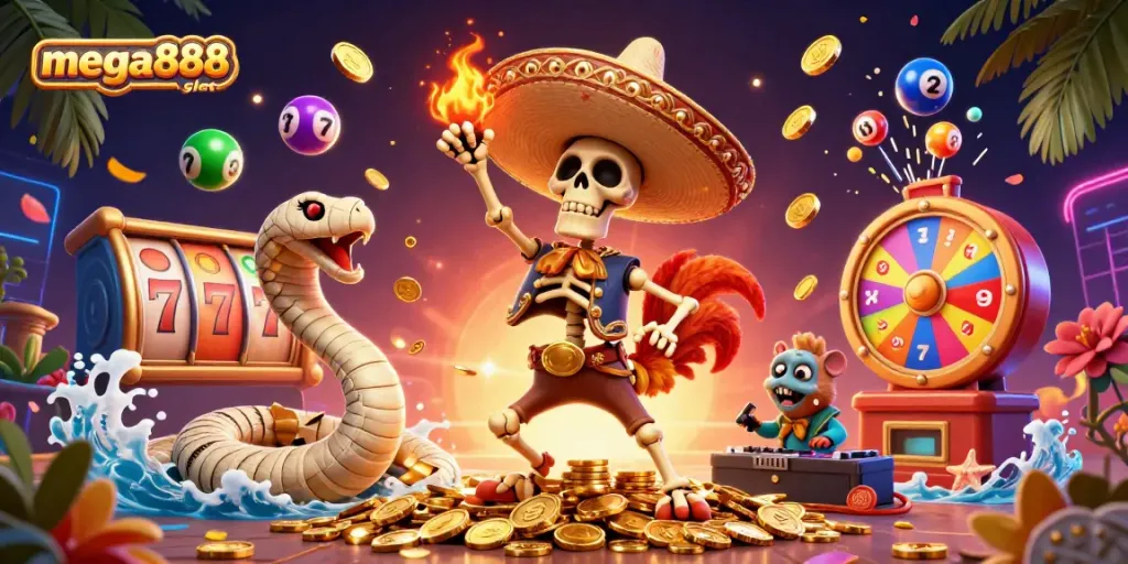 Engage with the mega888 slot experience through a vibrant 3D scene packed with exciting casino elements.
