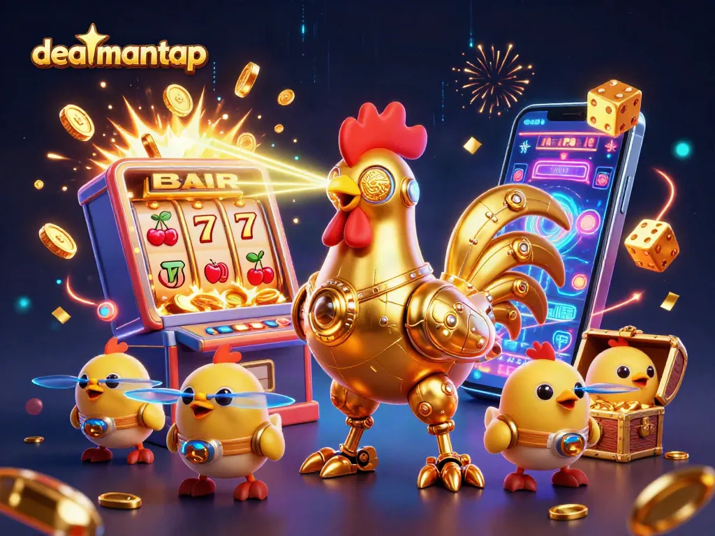 Engage with the vibrant dealmantap casino experience featuring a golden rooster robot and dynamic slot machine elements.