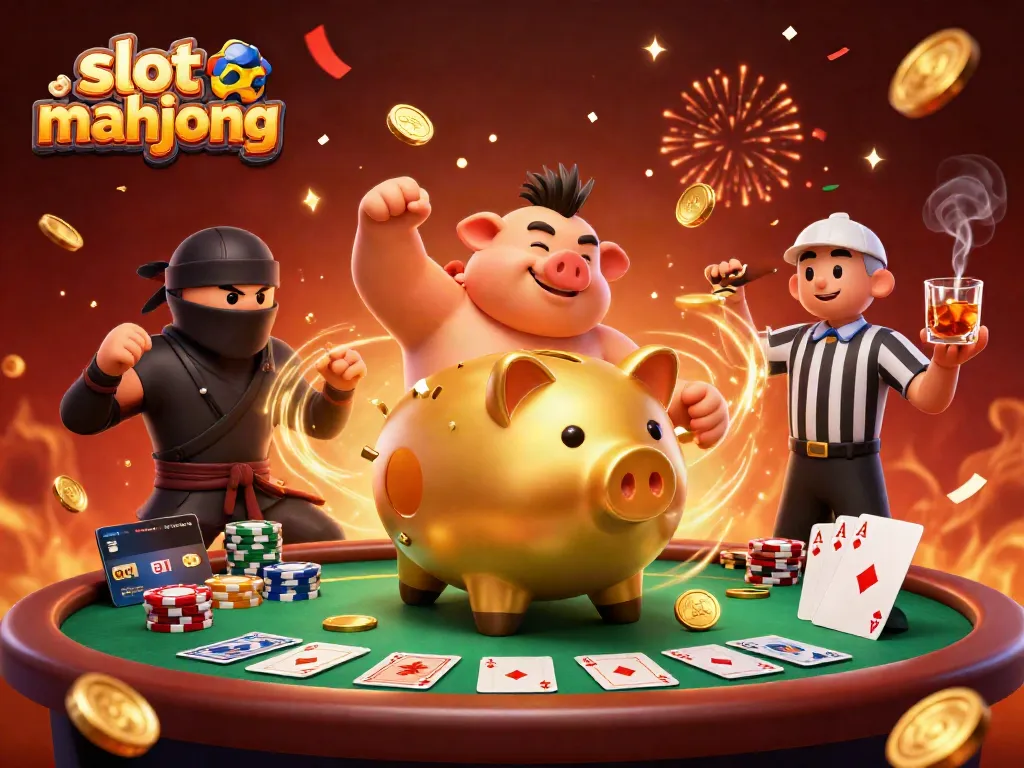 Experience the excitement of slot mahjong with vibrant golden piggy bank characters and poker elements.
