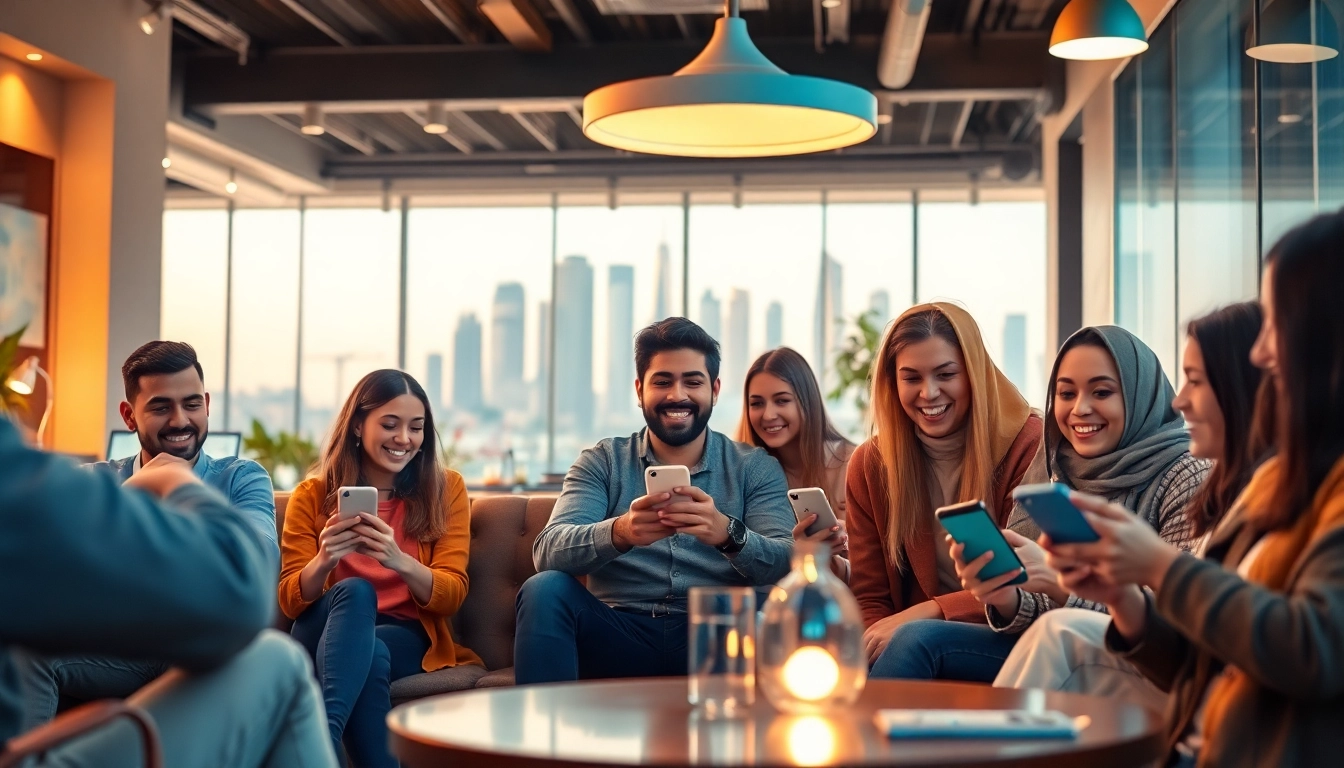 مشهد تفاعلي لشات الرياض يعرض شباباً منوعين يتبادلون الحديث في أجواء مقهى نابضة بالحياة.