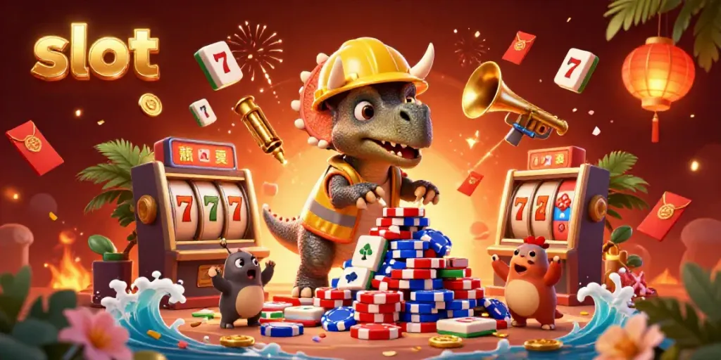 Interactive slot scene with vibrant characters celebrating and casino elements surrounding them.