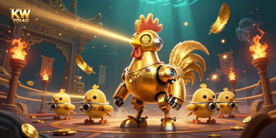 Raih kemenangan dengan permainan seru di KW YOI4D dengan ilustrasi robot ayam emas dan drone anak ayam.