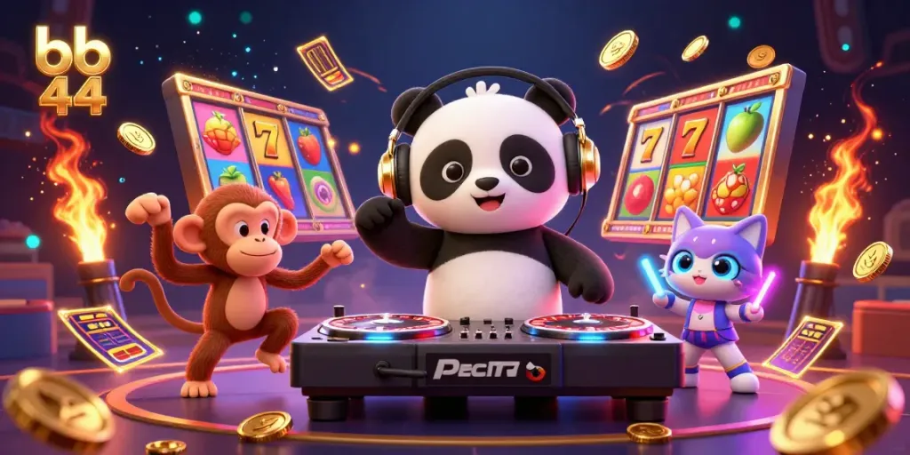 Experience the exciting atmosphere of bb 44, featuring a DJ panda, breakdancing monkey, and glowing kitten in a vibrant casino scene.