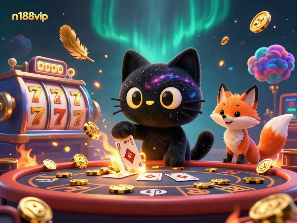 Engage in thrilling gaming action at n188vip with a cosmic casino scene featuring a black hole cat and vibrant slot reels.