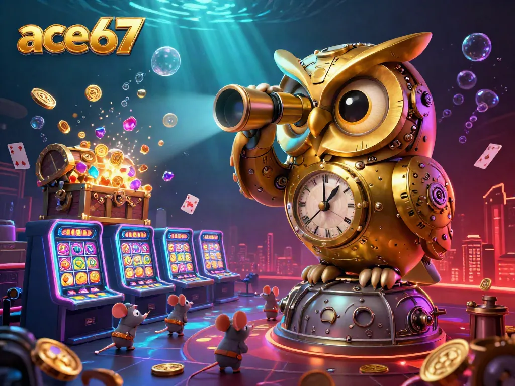 Experience the thrill of ace67 with a vibrant casino scene showcasing 3D characters and slot machines.
