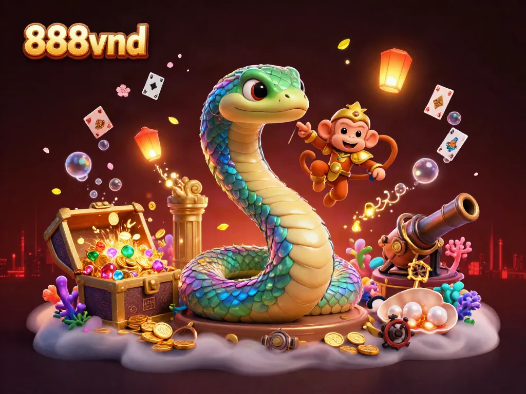 Experience the vibrant adventures of 888vnd in this dynamic 3D illustration featuring a playful monkey king, rainbow serpent, and treasure-filled underwater scene.