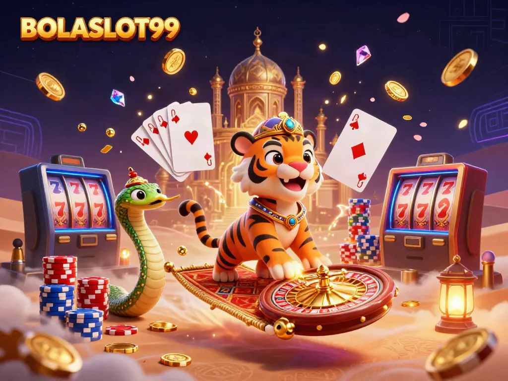 BOLASLOT99 depicts a vibrant scene with an Arabian-themed tiger sultan on a flying carpet amidst golden treasures and casino elements.