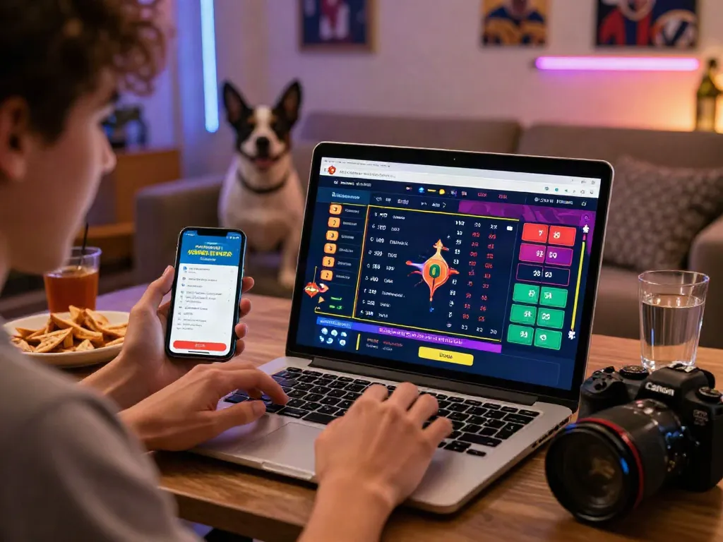 Pengguna ratutogel memasang taruhan online di laptop dengan antarmuka penuh warna dan suasana menggembirakan.