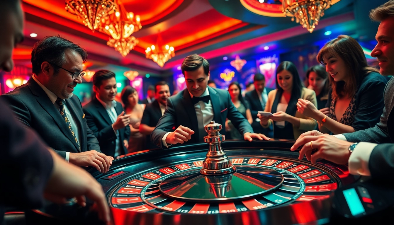 Menggambarkan suasana kasino bbni4d dengan pemain yang memasang taruhan dan dealer di meja rolet.