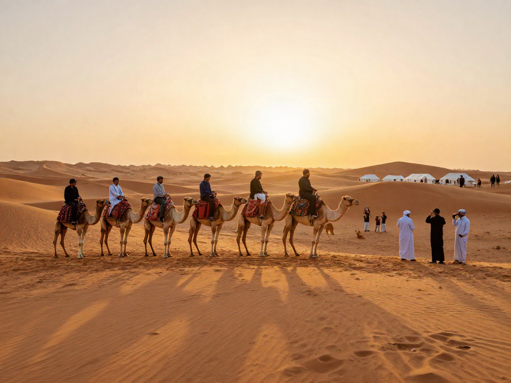 Desert safari group enjoying a camel ride, exploring golden sands in a vibrant landscape with sunset hues.