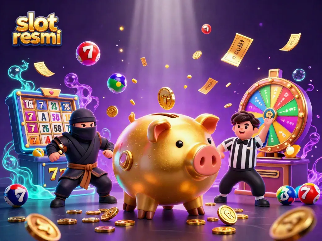 Experience slot resmi excitement with a golden piggy bank sumo wrestler amidst vibrant slot game elements.