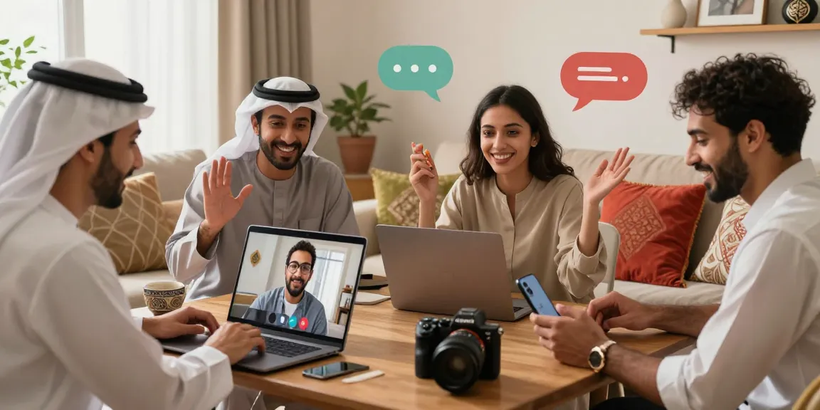 Engaging users in a شات عربي virtual chat room, celebrating online connection.