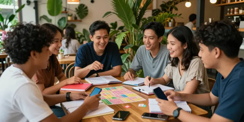 Diskusi tips dan trik angka togel di BUKUMIMPI138 bersama teman-teman di kafe.