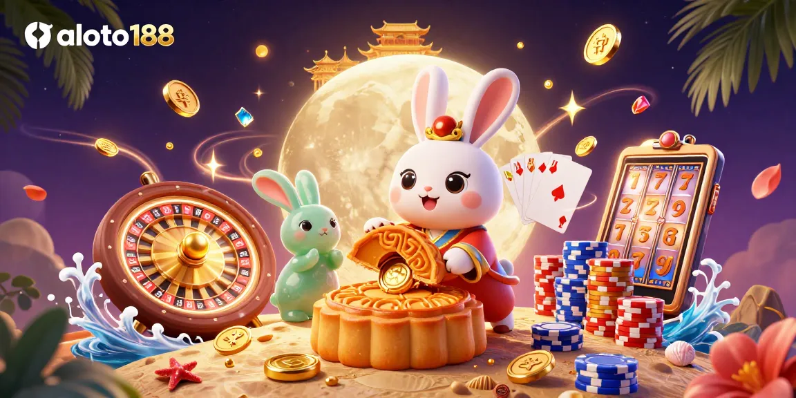 aloto188 celebrates winning moments with a moon rabbit and golden treasures in a vibrant casino scene