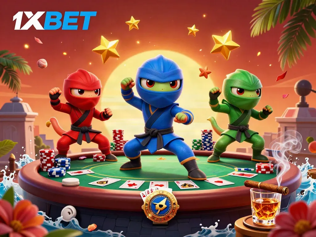 Experience the thrill of 1XBET with animated ninja chameleons and vibrant poker elements in action.