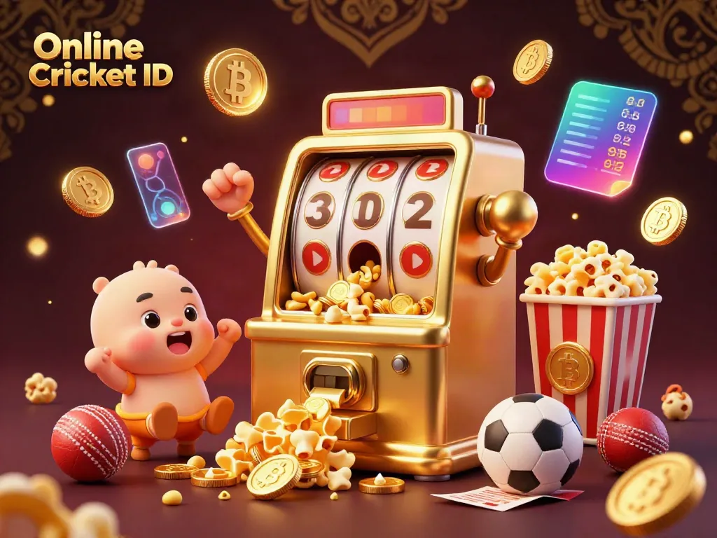 Win big with your Online Cricket ID illustrated by an excited slot machine celebrating a jackpot.