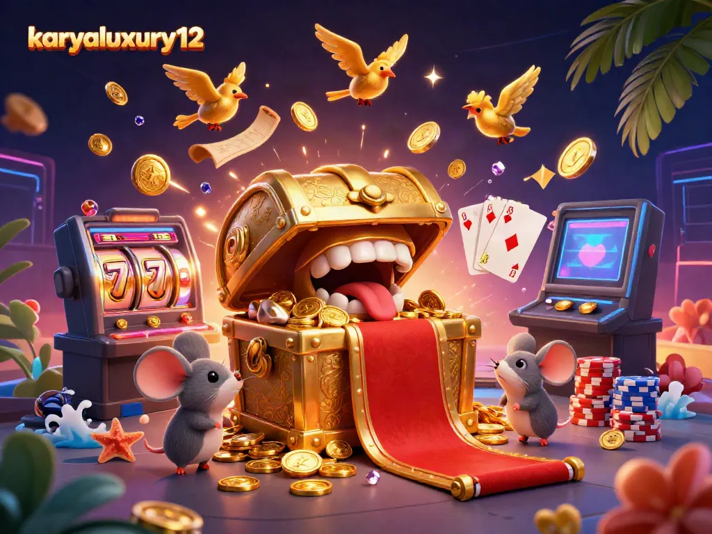 Experience excitement at karyaluxury12 with golden treasure and vibrant slot machines sparkling in a festive scene.