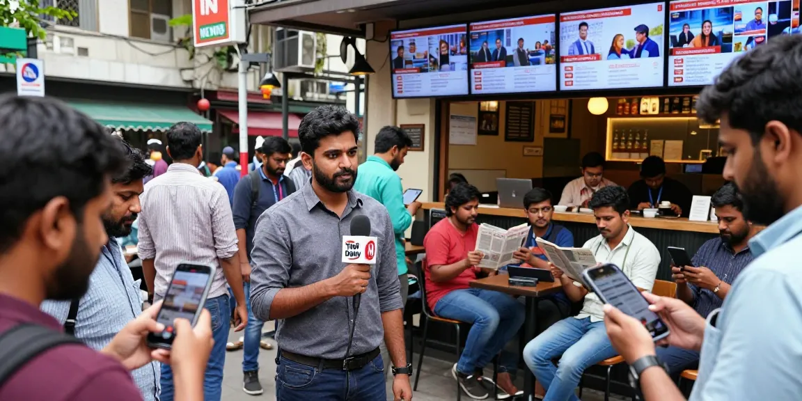 Engaging urban news reporting scene showcasing https://www.theindaily.com with a journalist amidst live viewers and digital screens.