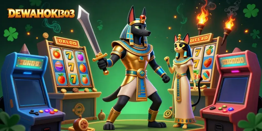 Menangkan jackpot di DEWAHOKI303 dengan Anubis dan Bastet, simbol keberuntungan dalam permainan.