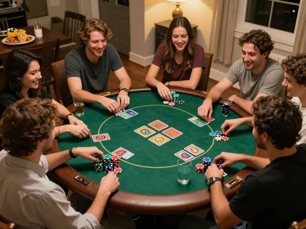 Players enjoying a home poker night at GG88, showcasing lively interactions and competitive gameplay.