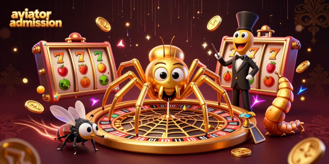 A thrilling 3D scene depicting aviator admission with a golden spider spinning a roulette web, engaging fly, and centipede croupier among dynamic gaming symbols.