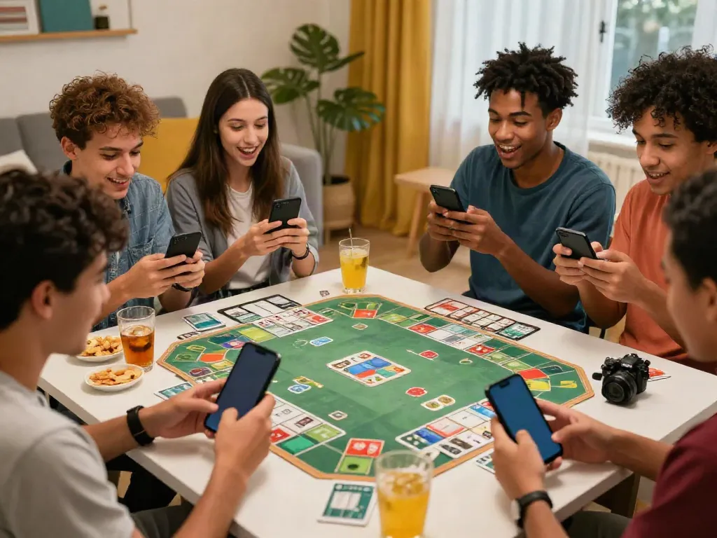 Engaged players enjoying rumble rummy on smartphones in a cozy living room.