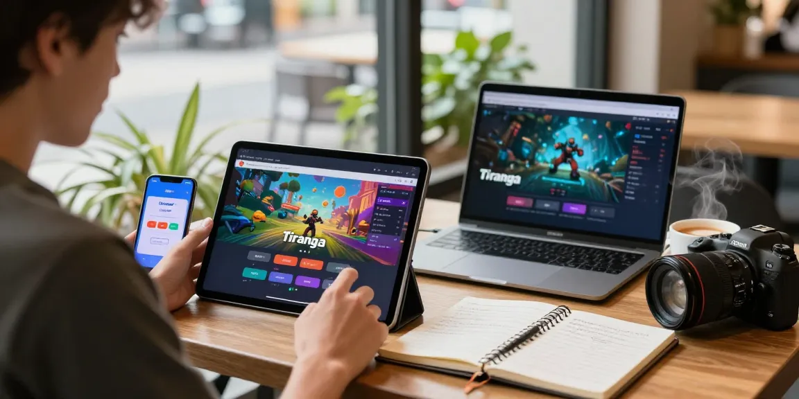 Tiranga Game Login screen on a tablet in a cozy café, showcasing vibrant game graphics and engaging gameplay.