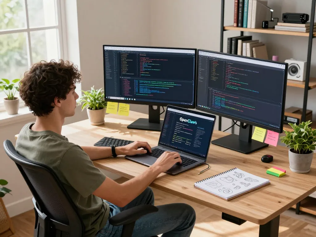 An innovative workspace showcasing OpenClaw in action on dual monitors, surrounded by tech paraphernalia and vibrant plants.