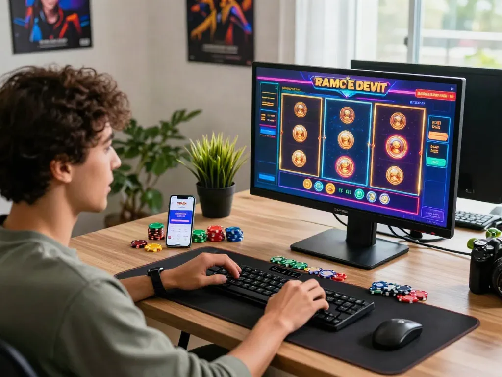 Engaging slot gaming scene featuring a player using DANA e-wallet for online gaming.