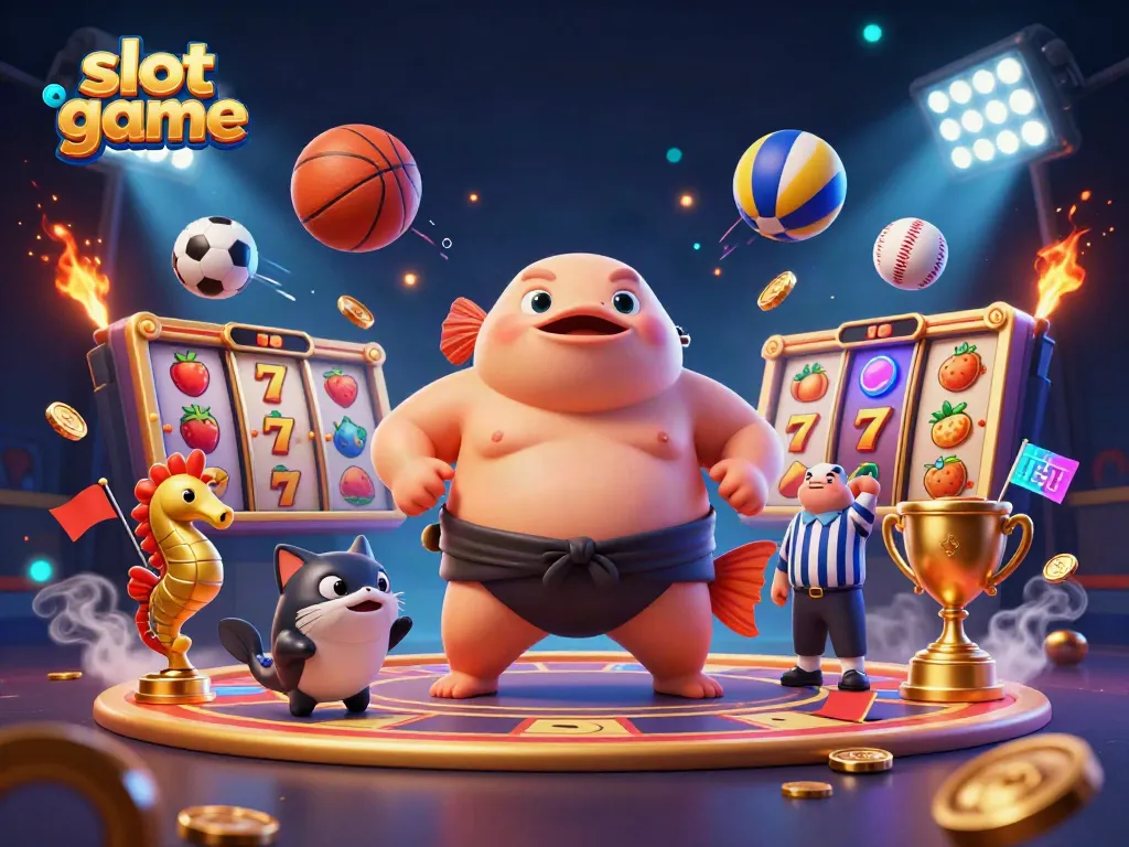 Experience thrilling slot games in this lively 3D cartoon scene featuring vibrant characters and casino elements.