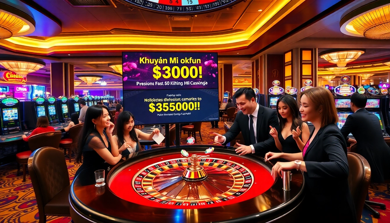 Exciting scene of gamblers enjoying khuyến mãi okfun at a luxury casino with vibrant roulette tables.