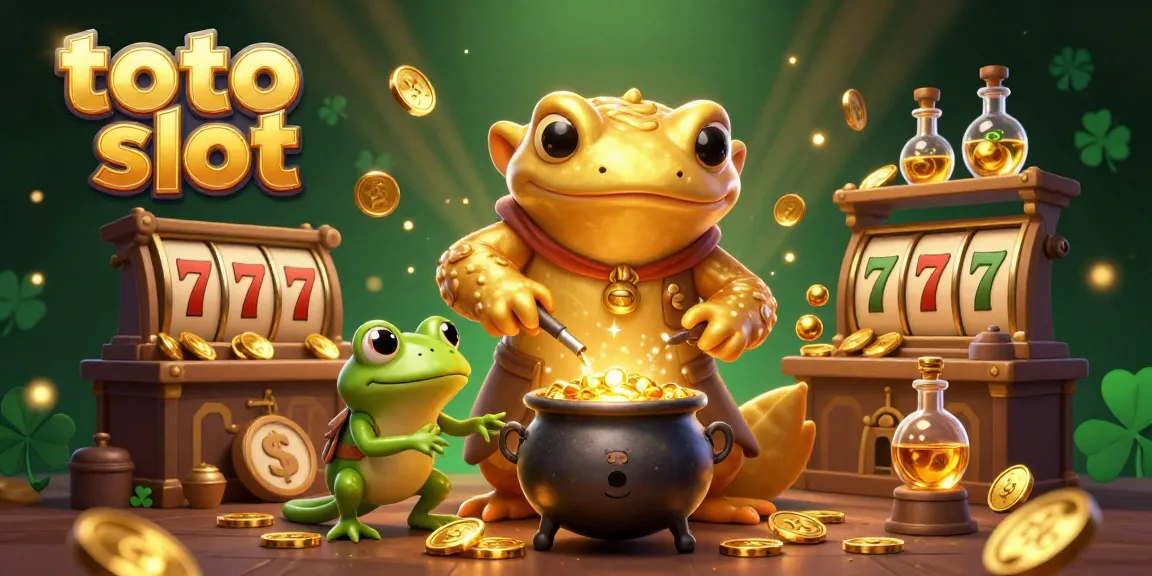 Experience the excitement of toto slot with vibrant gold coins, slot reels, and lively characters in an enchanting digital scene.