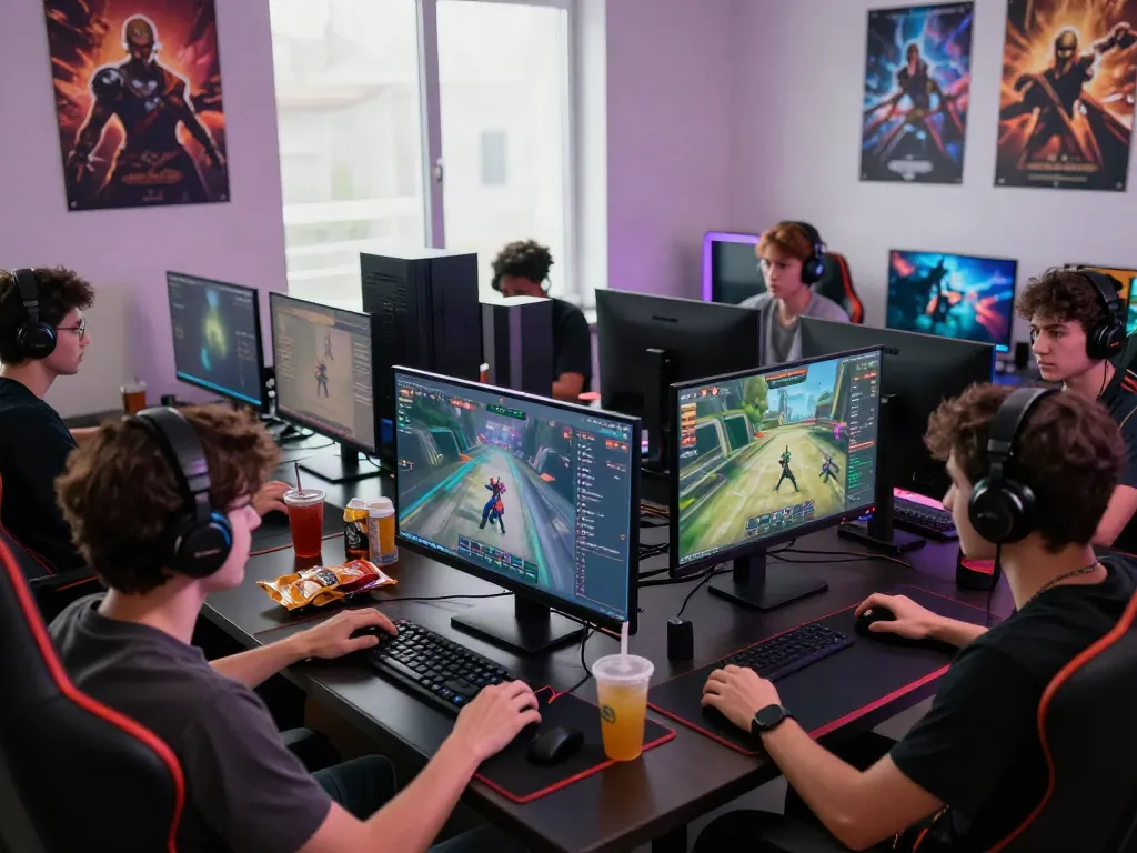 Ilustrasi gamers sedang bermain di platform nyonya4d login dengan suasana seru dan peralatan lengkap.