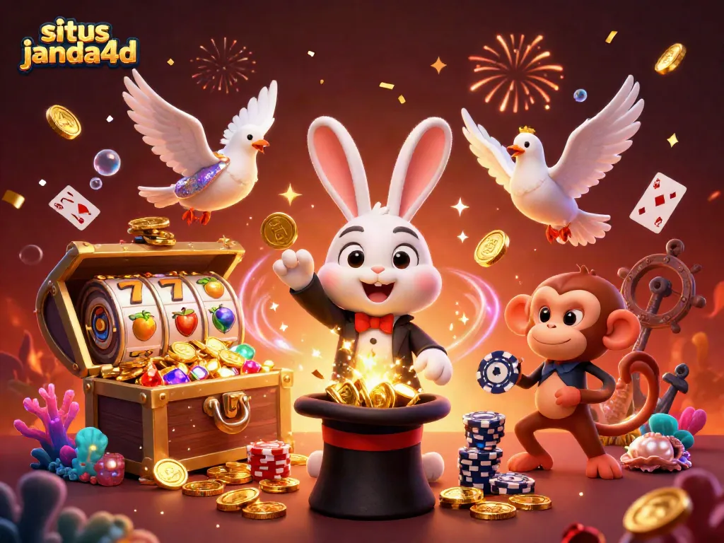 Situs janda4d menampilkan ilustrasi detail 3D dengan karakter kasino dan elemen permainan yang menonjol.