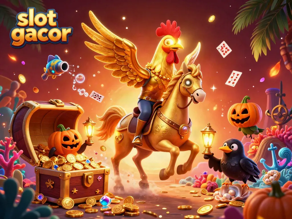 Engage with thrilling slot gacor action featuring a golden rooster in a vibrant casino scene.