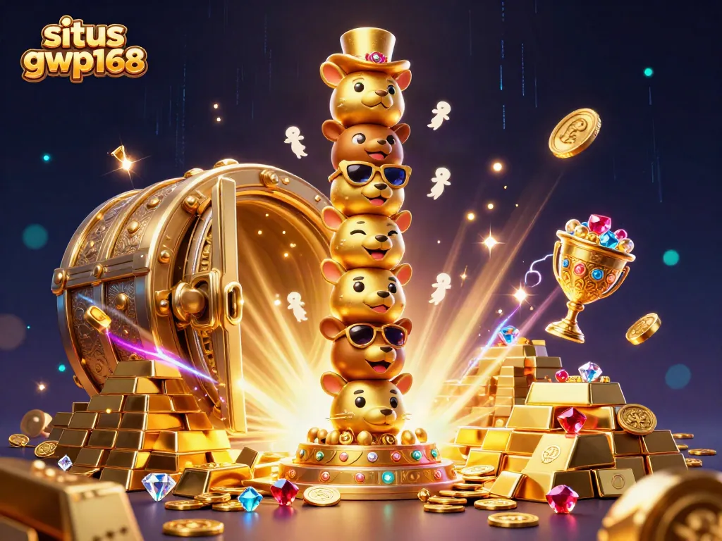 Slot gacor terbaik di situs gwp168, menampilkan totem emas dan harta karun.