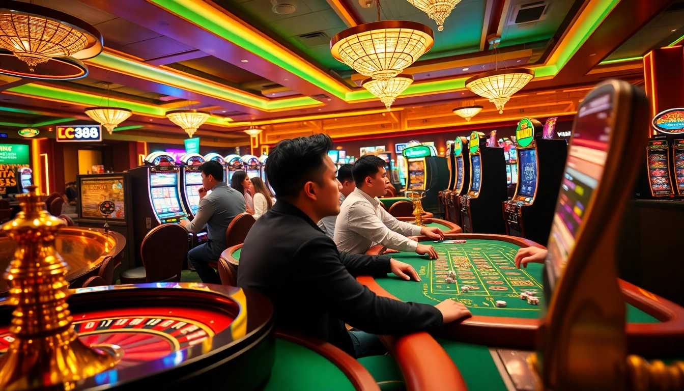 Engaged players enjoying the lc88 game experience at a vibrant casino with roulette and poker.