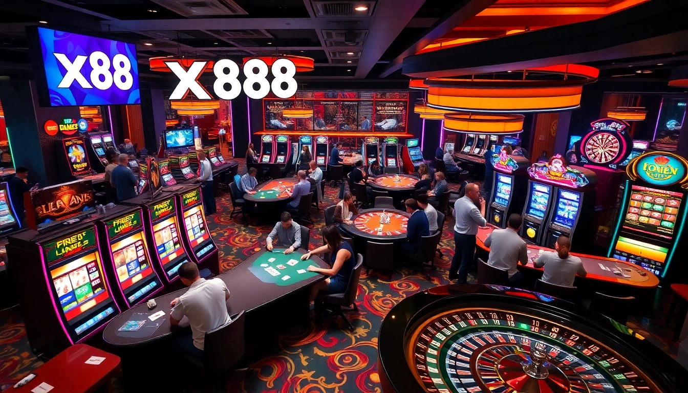Players engaging in thrilling casino games at xx88 with vibrant slot machines and poker tables.