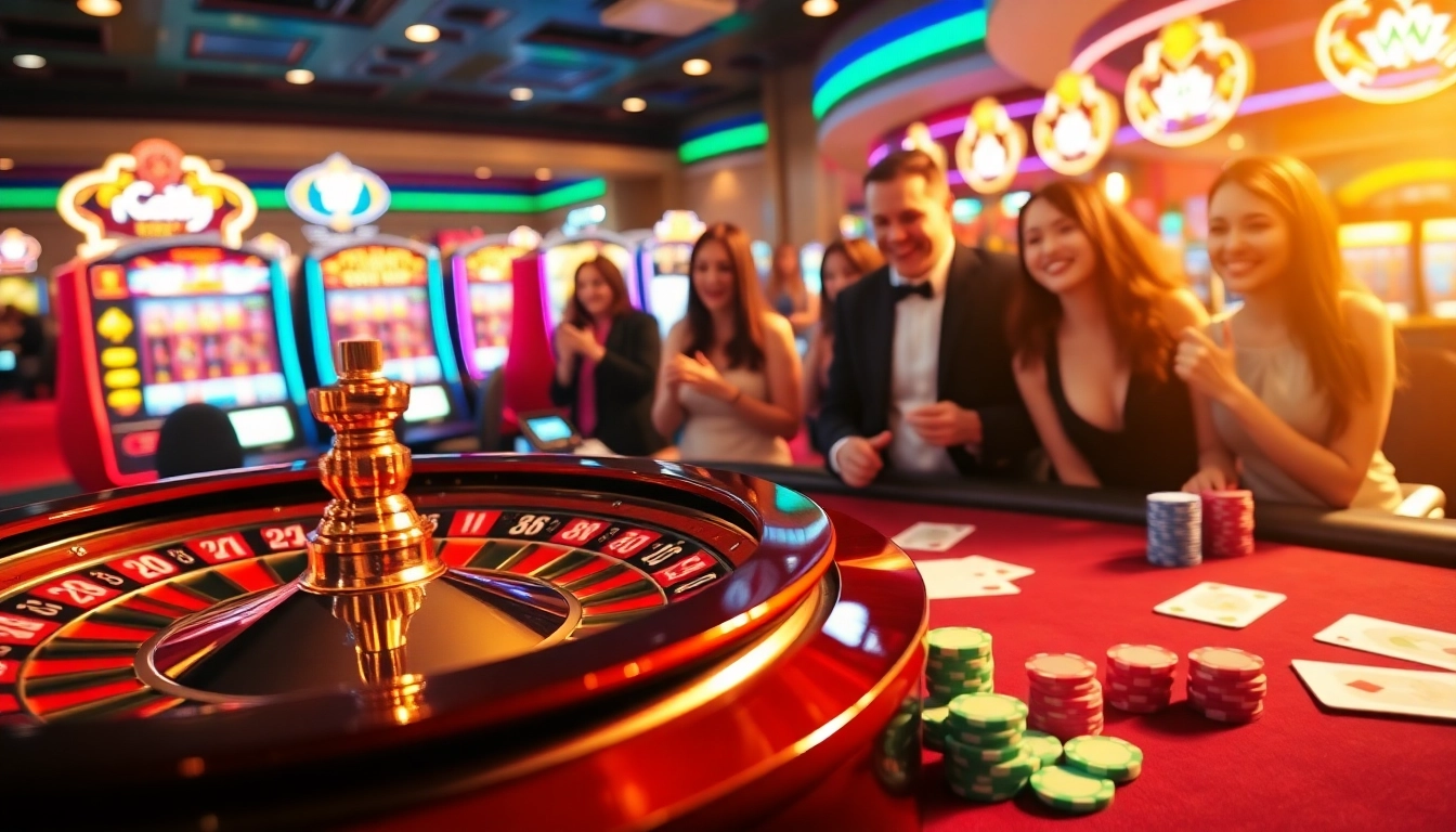 Engaging players immersed in chơi game mmoo at a vibrant casino filled with colorful slots and poker tables.