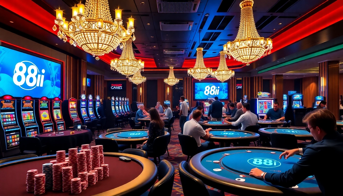 Experience the excitement of gambling at 88i's luxurious casino environment with poker tables and vibrant slot machines.