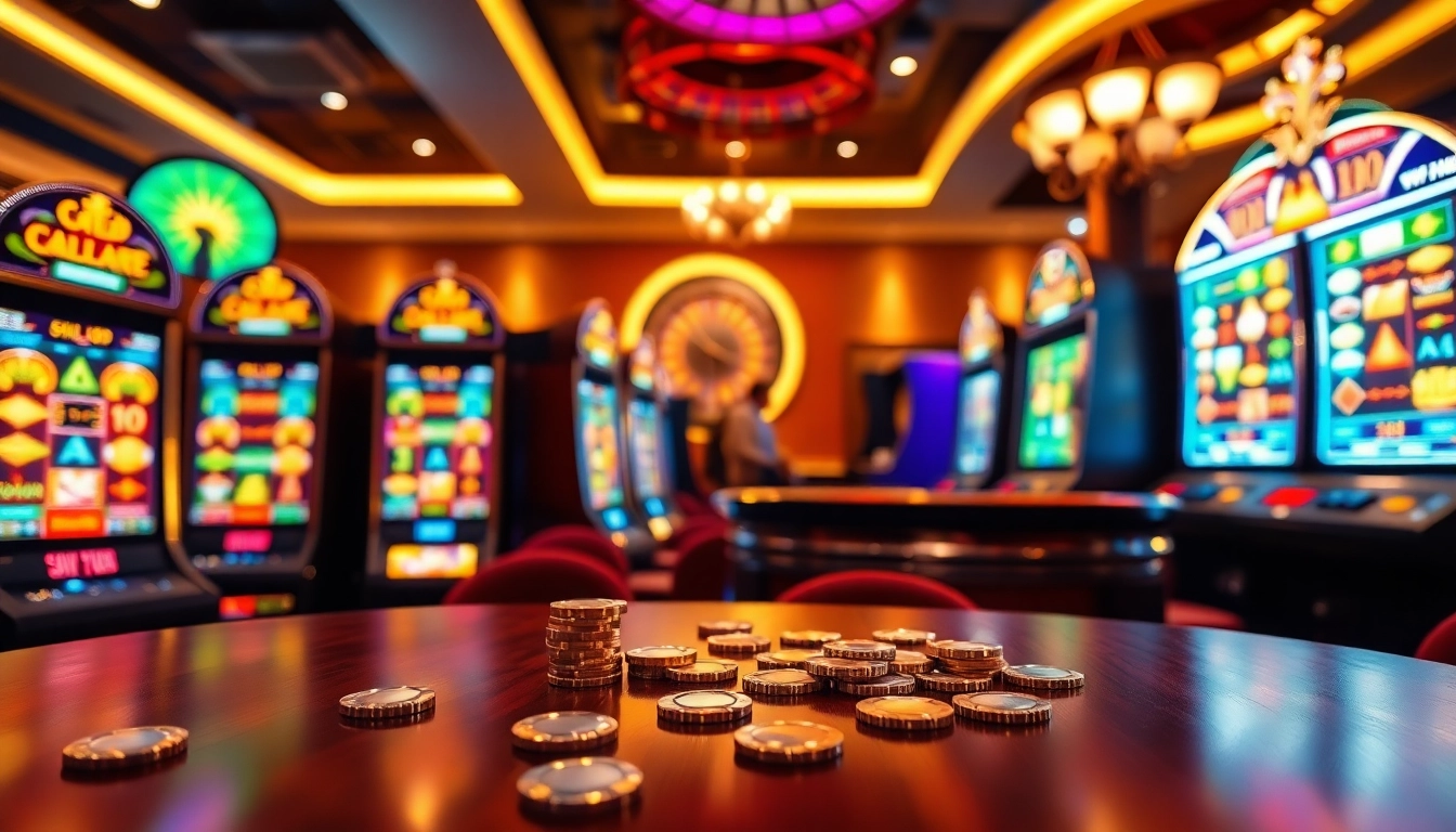 Players spinning slot machines in a luxurious casino atmosphere with vibrant colors and exciting reels.