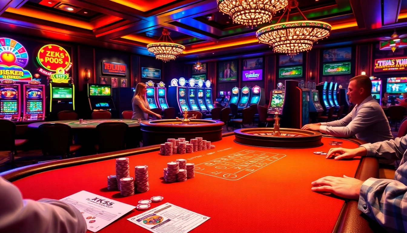 Players enjoy poker at a KK55-themed casino table with vibrant chips and a roulette wheel